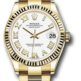 Rolex Yellow Gold Datejust 31 Watch - Fluted Bezel - White Roman Dial - Oyster Bracelet - 278278 wro