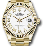 Rolex Yellow Gold Datejust 31 Watch - Fluted Bezel - White Roman Dial - President Bracelet - 278278 wrp