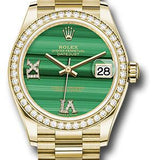 Rolex Yellow Gold Datejust 31 Watch - Diamond Bezel - Malachite Diamond Six and Nine Dial - President Bracelet - 278288RBR madr69p