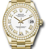 Rolex Yellow Gold Datejust 31 Watch - Diamond Bezel - White Roman Dial - President Bracelet - 278288RBR wrp