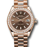 Rolex Everose Gold Lady-Datejust 28 Watch - 44 Diamond Bezel - Chocolate Index Dial - President Bracelet - 279135RBR choip