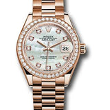 Rolex Everose Gold Lady-Datejust 28 Watch - 44 Diamond Bezel - Mother-of-Pearl Diamond Dial - President Bracelet - 279135RBR mdp