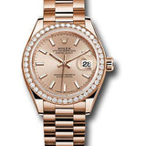 Rolex Everose Gold Lady-Datejust 28 Watch - 44 Diamond Bezel - Pink Sundust Index Dial - President Bracelet - 279135RBR pip