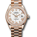 Rolex Everose Gold Lady-Datejust 28 Watch - 44 Diamond Bezel - White Roman Dial - President Bracelet - 279135RBR wrp