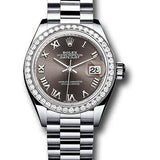 Rolex Platinum Lady-Datejust 28 Watch - 44 Diamond Bezel - Dark Grey Roman Dial - President Bracelet - 279136RBR dkgrp