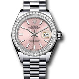 Rolex Platinum Lady-Datejust 28 Watch - 44 Diamond Bezel - Pink Index Dial - President Bracelet - 279136RBR pip