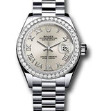 Rolex Platinum Lady-Datejust 28 Watch - 44 Diamond Bezel - Silver Roman Dial - President Bracelet - 279136RBR srp