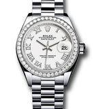 Rolex Platinum Lady-Datejust 28 Watch - 44 Diamond Bezel - White Roman Dial - President Bracelet - 279136RBR wrp