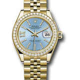 Rolex Yellow Gold Lady-Datejust 28 Watch - 44 Diamond Bezel - Cornflower Blue Stripe Diamond Index Dial - Jubilee Bracelet - 279138RBR cbls36dix8dj