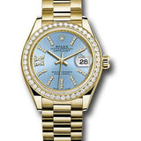 Rolex Yellow Gold Lady-Datejust 28 Watch - 44 Diamond Bezel - Cornflower Blue Stripe Diamond Index Dial - President Bracelet - 279138RBR cbls36dix8dp