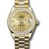 Rolex Yellow Gold Lady-Datejust 28 Watch - 44 Diamond Bezel - Champagne Diamond Dial - President Bracelet - 279138RBR chdp