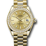 Rolex Yellow Gold Lady-Datejust 28 Watch - 44 Diamond Bezel - Champagne Index Dial - President Bracelet - 279138RBR chip