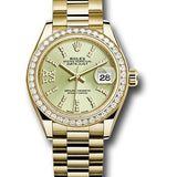 Rolex Yellow Gold Lady-Datejust 28 Watch - 44 Diamond Bezel - Linden Green Strip Diamond Index Dial - President Bracelet - 279138RBR lings36dix8dp