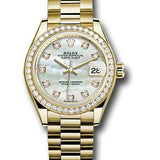 Rolex Yellow Gold Lady-Datejust 28 Watch - 44 Diamond Bezel - Mother-of-Pearl Diamond Dial - President Bracelet - 279138RBR mdp