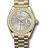 Rolex Yellow Gold Lady-Datejust 28 Watch - 44 Diamond Bezel - Silver Index Dial - President Bracelet - 279138RBR sip