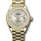 Rolex Yellow Gold Lady-Datejust 28 Watch - 44 Diamond Bezel - Silver Roman Dial - President Bracelet - 279138RBR srp