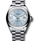 Rolex Platinum Lady-Datejust 28 Watch - Domed Bezel - Ice Blue Diamond Index Dial - President Bracelet - 279166 ib36dix8dp