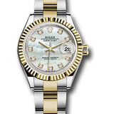 Rolex Steel and Yellow Gold Rolesor Lady-Datejust 28 Watch - Fluted Bezel - White Mother-Of-Pearl Diamond Dial - Oyster Bracelet - 279173 mdo