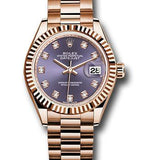 Rolex Everose Gold Lady-Datejust 28 Watch - Fluted Bezel - Aubergine Diamond Dial - President Bracelet - 279175 adp