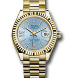 Rolex Yellow Gold Lady-Datejust 28 Watch - Fluted Bezel - Cornflower Blue Stripe Diamond Index Dial - President Bracelet - 279178 cbls36dix8dp