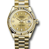 Rolex Yellow Gold Lady-Datejust 28 Watch - Fluted Bezel - Champagne Diamond Dial - President Bracelet - 279178 chdp