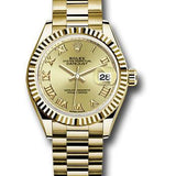 Rolex Yellow Gold Lady-Datejust 28 Watch - Fluted Bezel - Champagne Roman Dial - President Bracelet - 279178 chrp