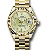 Rolex Yellow Gold Lady-Datejust 28 Watch - Fluted Bezel - Linden Green Strip Diamond Index Dial - President Bracelet - 279178 lings36dix8dp