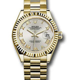 Rolex Yellow Gold Lady-Datejust 28 Watch - Fluted Bezel - Silver Roman Dial - President Bracelet - 279178 srp