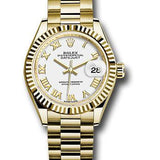 Rolex Yellow Gold Lady-Datejust 28 Watch - Fluted Bezel - White Roman Dial - President Bracelet - 279178 wrp