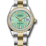 Rolex Steel and Yellow Gold Rolesor Lady-Datejust 28 Watch - Diamond Bezel - Mint Green Diamond Dial - Oyster Bracelet - 279383RBR mgdo