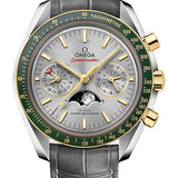 Omega Speedmaster Moonphase Master Chronometer Chronograph Watch - 44.25 mm Steel Case - Yellow Gold Bezel - Grey Diamond Dial - Grey Leather Strap - 304.23.44.52.06.001