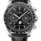 Omega Speedmaster Moonphase Master Chronometer Chronograph Watch - 44.25 mm Steel Case - Black Liquid Metal Bezel - Black Dial - Black Leather Strap - 304.33.44.52.01.001