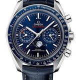 Omega Speedmaster Moonphase Master Chronometer Chronograph Watch - 44.25 mm Steel Case - Blue Liquid Metal Bezel - Blue Dial - Blue Leather Strap - 304.33.44.52.03.001