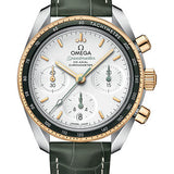 Omega Speedmaster 38 Co-Axial Chronograph Watch - 38 mm Steel And Yellow Gold Case - Silvery Dial - Green Leather Strap - 324.23.38.50.02.001