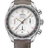 Omega Speedmaster 38 Co-Axial Chronograph Watch - 38 mm Steel Case - Dual Diamond Bezel - Silvery Dial - Taupe-Brown Leather Strap - 324.38.38.50.02.001