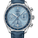 Omega Speedmaster 38 Co-Axial Chronograph Watch - 38 mm Steel Case - Dual Diamond Bezel - Ice Blue Dial - Blue Leather Strap - 324.38.38.50.03.001