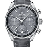 Omega Speedmaster Co-Axial Chronograph Watch - 38 mm Steel Case - Dual Diamond Bezel - Sun Brushed Grey Dial - Grey Leather Strap - 324.38.38.50.06.001