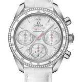 Omega Speedmaster 38 Co-Axial Chronograph Watch - 38 mm Steel Case - Dual Diamond Bezel - Mother-Of-Pearl Diamond Dial - White Leather Strap - 324.38.38.50.55.001