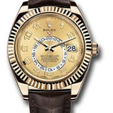 Rolex Yellow Gold Sky-Dweller Watch - Champagne Arabic Dial - Brown Leather Strap - 326138 ch