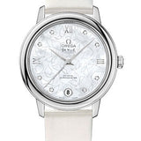 Omega De Ville Prestige Co-Axial Watch - 32.7 mm Steel Case - Mother-Of-Pearl Diamond Dial - White Satin-Brushed Leather Strap - 424.12.33.20.55.001