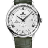 Omega De Ville Prestige Co-Axial Power Reserve Watch - 39.5 mm Steel Case - White Silvery Dial - Hunter Green Leather Strap - 424.13.40.21.02.004