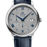 Omega De Ville Prestige Co-Axial Power Reserve Watch - 39.5 mm Steel Case - Grey Dial - Blue Leather Strap - 424.13.40.21.06.002