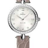 Omega De Ville Prestige Quartz Dewdrop Watch - 27.4 mm Steel Case - Radiant Diamond Paved Bezel - Silvery-Sun Dial - Leather Strap - 424.18.27.60.52.001