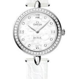 Omega De Ville Prestige Quartz Dewdrop Watch - 27.4 mm Steel Case - Radiant Diamond Paved Bezel - Mother-Of-Pearl Dial - Leather Strap - 424.18.27.60.55.001