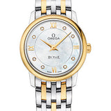 Omega De Ville Prestige Quartz Watch - 27.4 mm Steel Case - Yellow Gold Bezel - Mother-Of-Pearl Diamond Dial - Yellow Gold Bracelet - 424.20.27.60.55.001