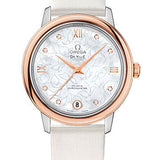 Omega De Ville Prestige Co-Axial Watch - 32.7 mm Steel Case - Red Gold Bezel - Mother-Of-Pearl Diamond Dial - White Satin-Brushed Leather Strap - 424.22.33.20.55.001