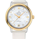 Omega De Ville Prestige Co-Axial Watch - 32.7 mm Steel Case - Yellow Gold Bezel - Mother-Of-Pearl Diamond Dial - White Satin-Brushed Leather Strap - 424.22.33.20.55.002