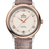 Omega De Ville Prestige Co-Axial Watch - 32.7 mm Steel And Red Gold Case - Varnished Shimmer Ivory-Beige Dial - Taupe-Brown Leather Strap - 424.23.33.20.09.001