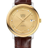 Omega De Ville Prestige Co-Axial Watch - 39.5 mm Steel Case - Yellow Gold Bezel - Champagne Diamond Dial - Brown Leather Strap - 424.23.40.20.58.001