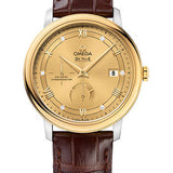 Omega De Ville Prestige Co-Axial Power Reserve Watch - 39.5 mm Steel Case - Yellow Gold Bezel - Champagne Diamond Dial - Brown Leather Strap - 424.23.40.21.58.001